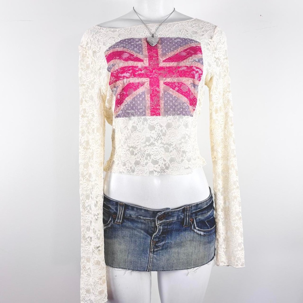 y2k cream lace union jack long sleeve saint pink by charlotte